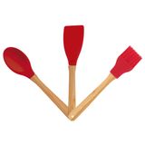 Jogo Utensílios De Silicone 3 Peças Cabo De Bamboo Colher Espátula Pincel