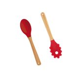 Jogo Utensílios De Silicone 2 Peças Cabo De Bamboo Colher Garfo Para Massas