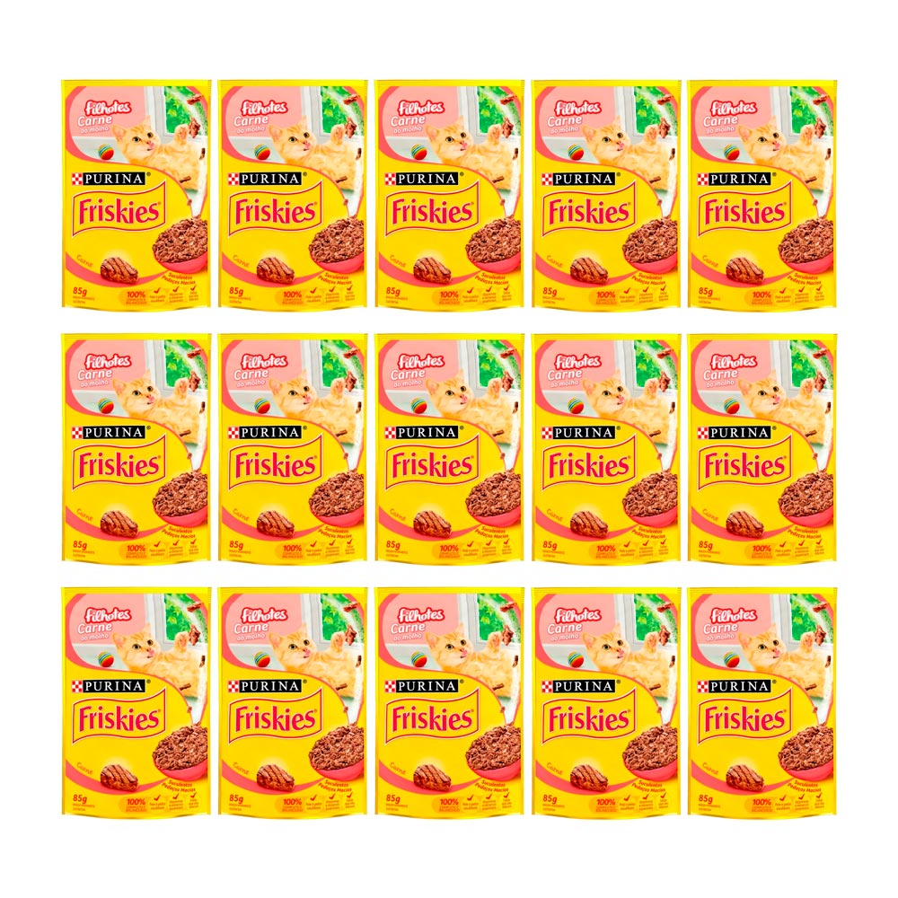 Kit 15 Ração Úmida Para Gatos Friskies Filhotes Sabor Carne Ao Molho Em Sachê 85g