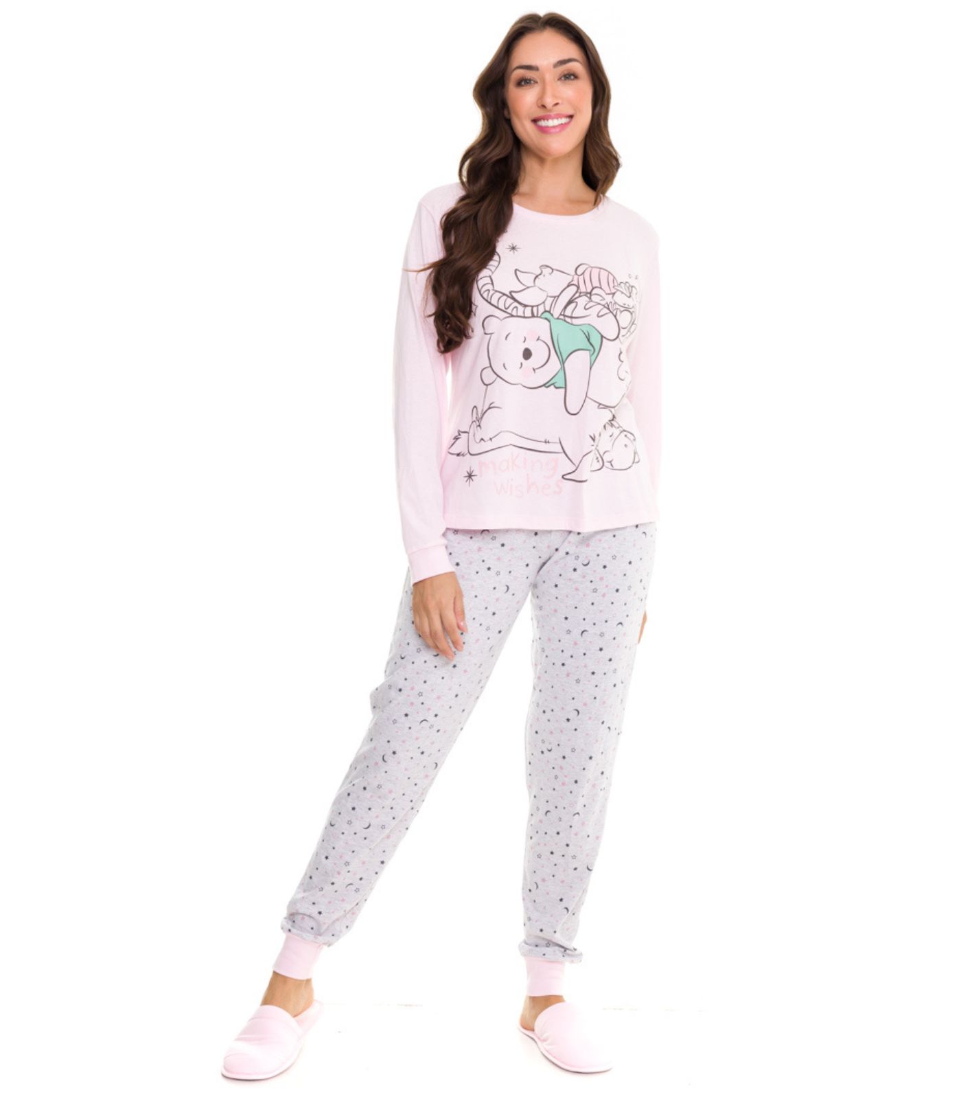 Pijama Feminino Urso Pooh Manga Longa Evanilda Rosa Gg