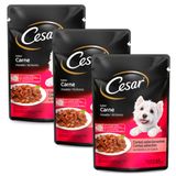 Kit 3 Ração Úmida Para Cachorro Cezar Adulto Sabor Carne Assada Em Sachê 85g