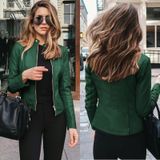 Moda Mulheres Outono-inverno Pu Couro Pequeno Terno Casaco-verde