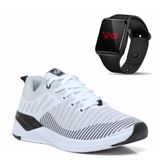 Tênis Academia Feminino Caminhada + Relógio Digital Led Esportivo - Branco/preto - 37