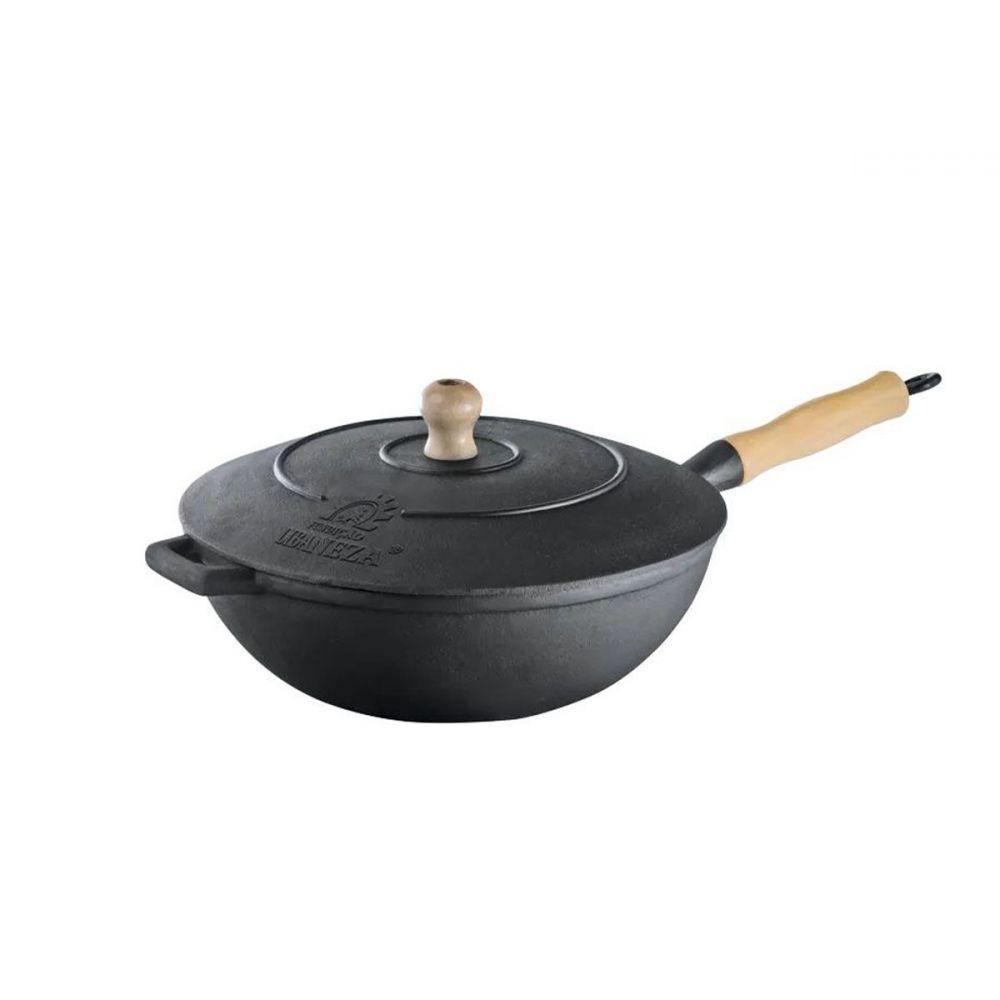 Panela Frigideira Wok em Ferro Fundido com Tampa 28Cm