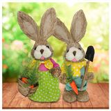 Casal De Coelhos De Palha Páscoa Decoração Enfeite Coelhinhos 34cm