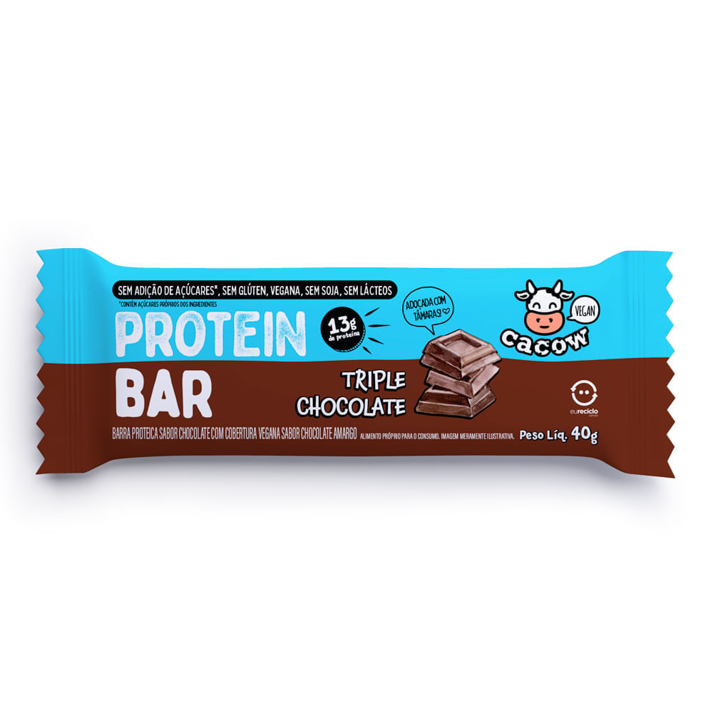 Barra De Proteína Vegana Protein Bar Cacow Sabor Triple Chocolate Com 13g De Proteína 40g