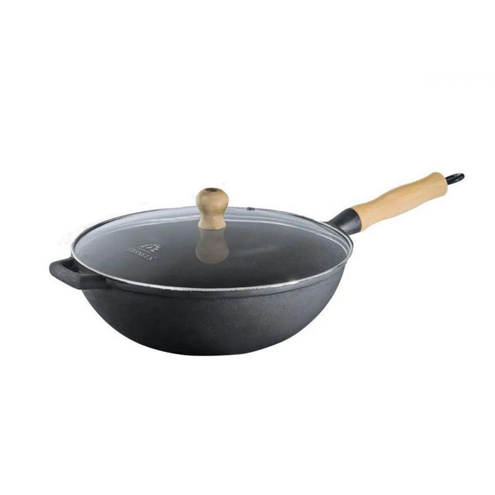 Panela Frigideira Wok em Ferro Fundido com Tampa Vidro 28Cm