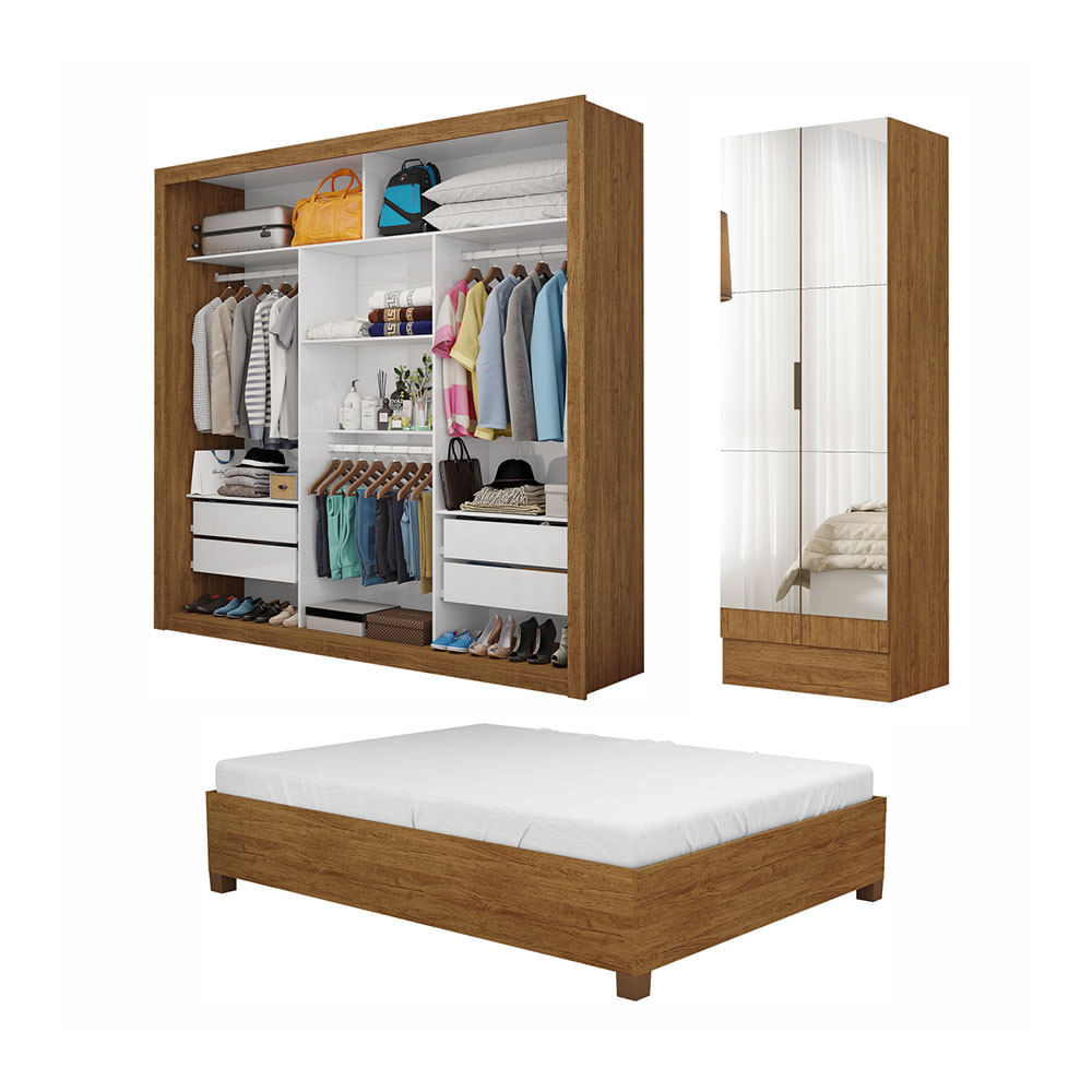 Quarto Completo Casal Closet Clarice 4 Gavetas Sapateira 2 Portas Premium E Cama Carioca Móveis