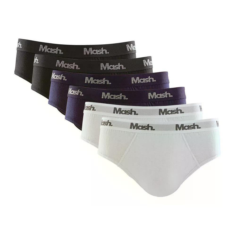 Kit 6 Cueca Mash Slip Algodão Elástico Básica Confortável Preto 01 M