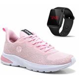 Tênis Caminhada Feminino Academia + Relógio Digital Led Esportivo Rosa 39