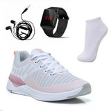 Tênis Academia Feminino Caminhada + Relógio Digital Led Esportivo - Branco/nude - 38