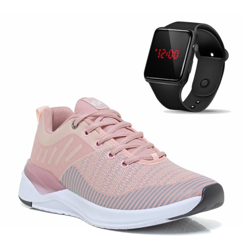 Tênis Academia Feminino Caminhada + Relógio Digital Led Esportivo - Nude/branco - 36