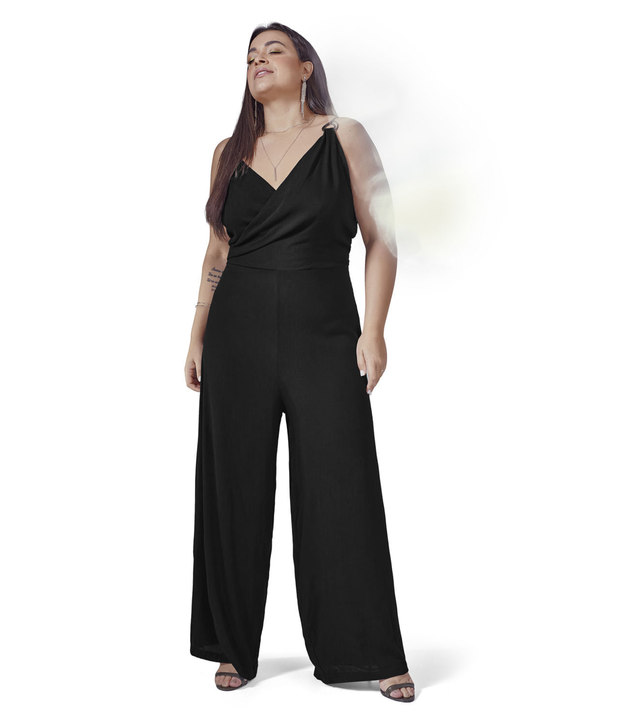 Macacão Longo Plus Size Secret Glam Preto Plus G3