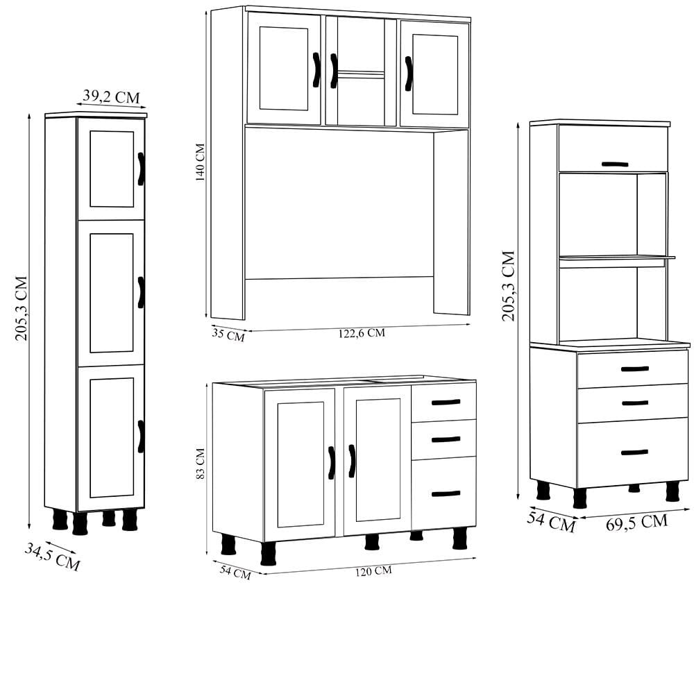 Conjunto De Cozinha Decorativa Gwen Completa Armário Aéreo Balcão