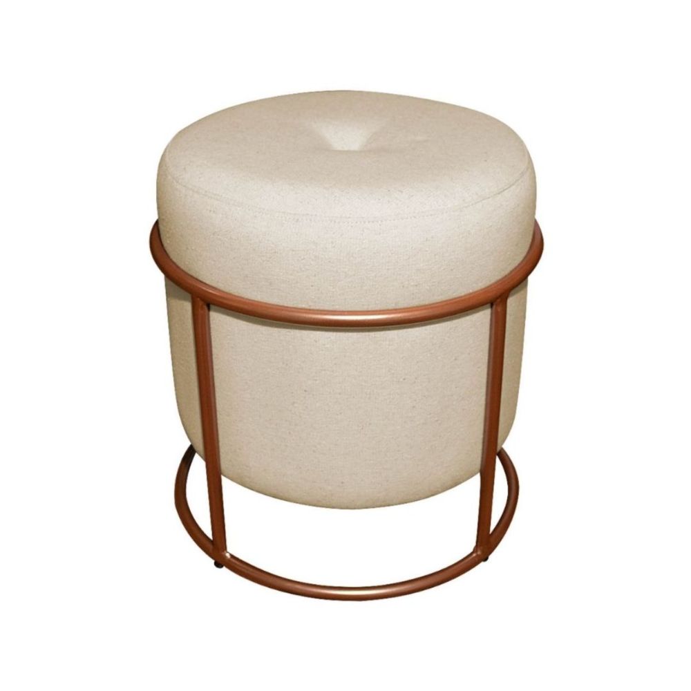 Puff Redondo Decorativo Royale Base De Bronze Linho
