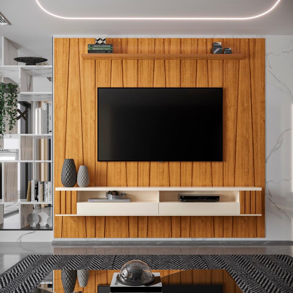 Painel Ripado Zigzag Para Tv Até 75 Polegadas Roma Com Nicho 225cm Cor:cedro
