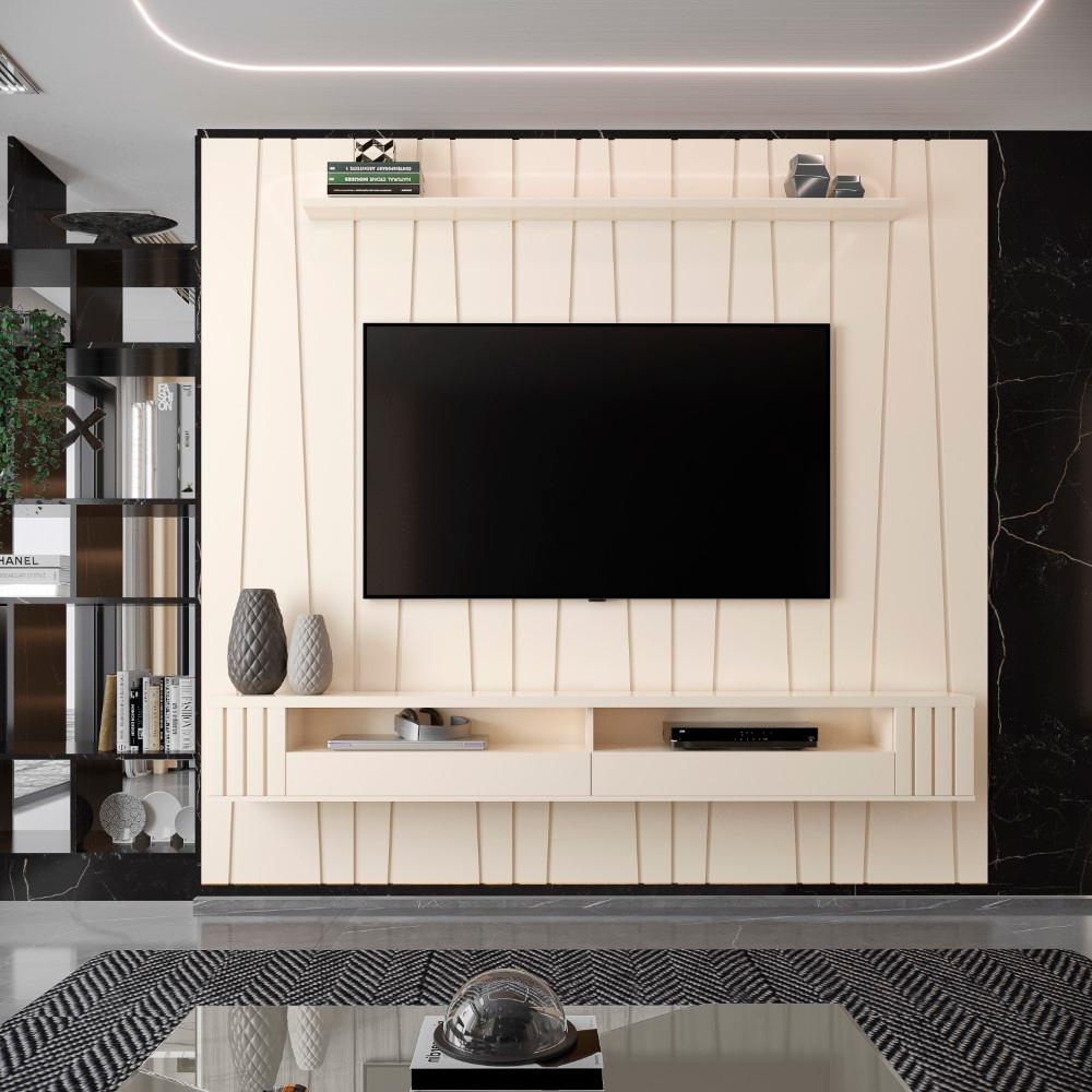 Painel Ripado Zigzag Para Tv Até 75 Polegadas Roma Com Nicho 225cm Cor:off White