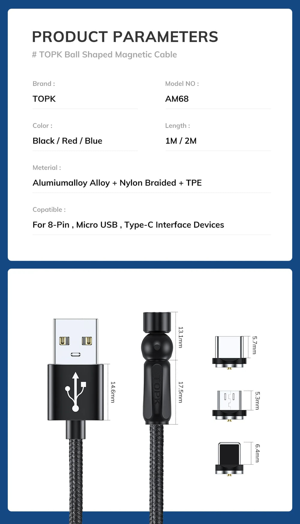 Cabo Usb Magnético Tipo C Topk Am68 Preto 1m Para Micro Usb