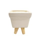 Vaso Decorativo Branco Com Pé De Madeira 16x13cm Cachepot