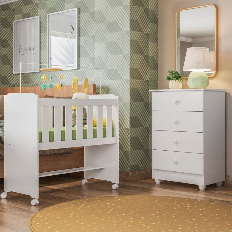 Quarto de Bebê Com Mini Berço Tigus e Cômoda Soft Life Branco