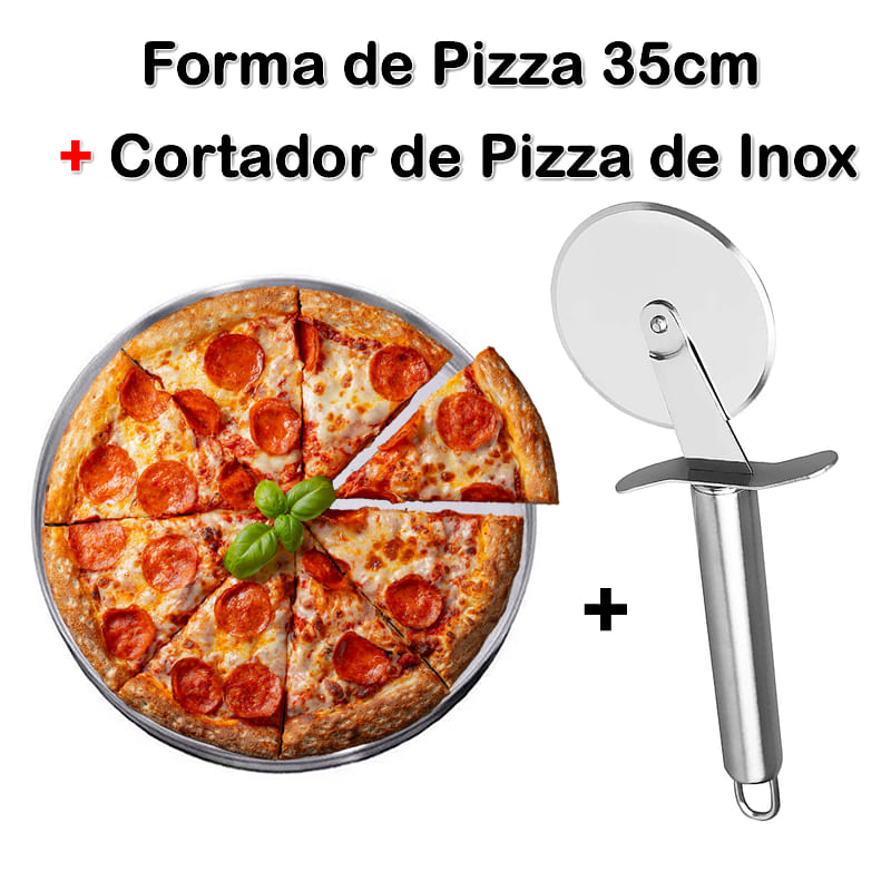 Forma De Pizza E Cortador De Pizza - Kit Assadeira Pizza  Aluminio 35cm Mais Cortador De Pizza Aço Inoxidável - Panami