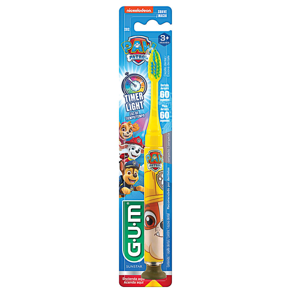 Escova Dental Infantil Gum Patrulha Canina Timer Light 3+ Suave Macia Cores E Personagens Sortidos