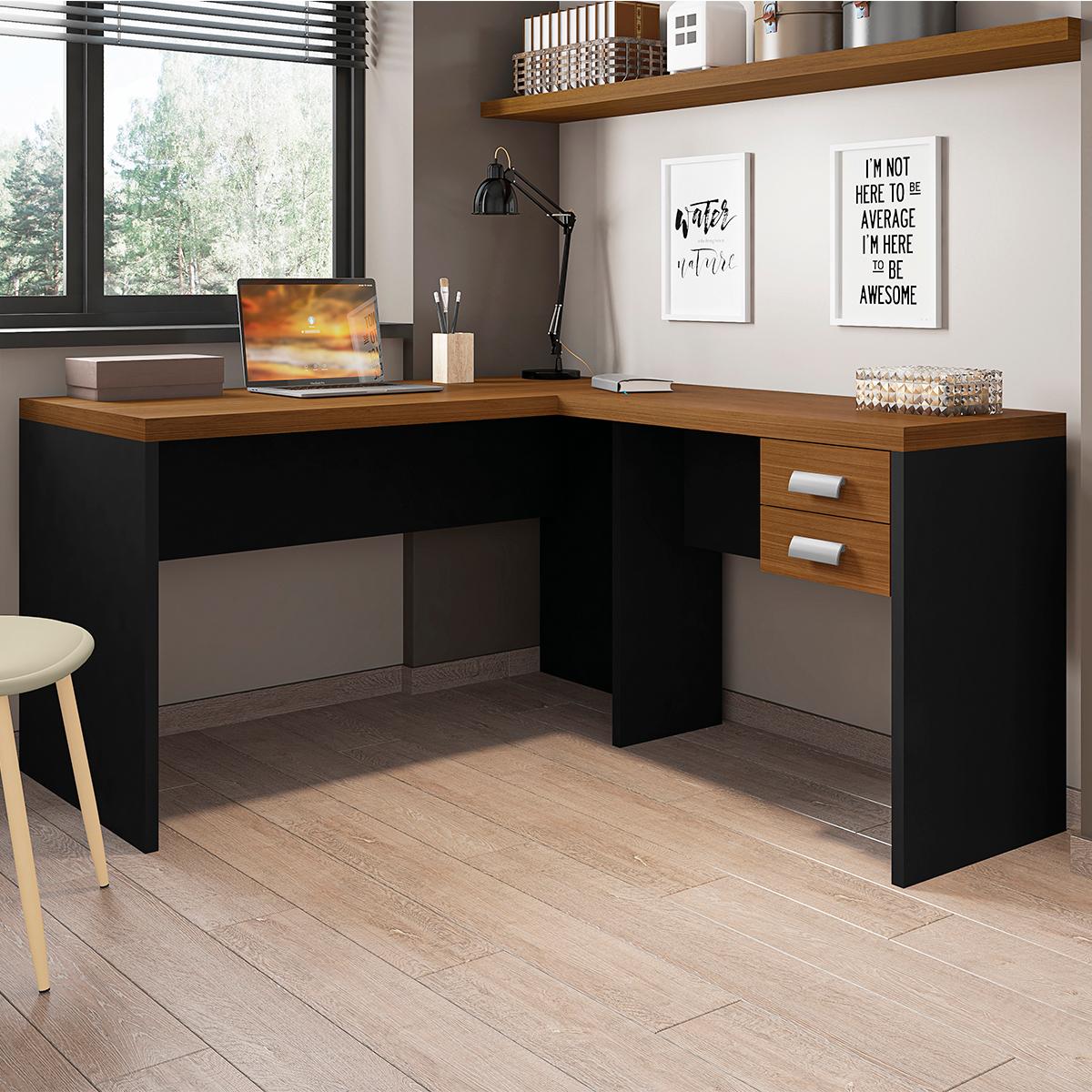 Escrivaninha Em L 2 Gavetas Studio - Nogueira Caiena / Preto Tx