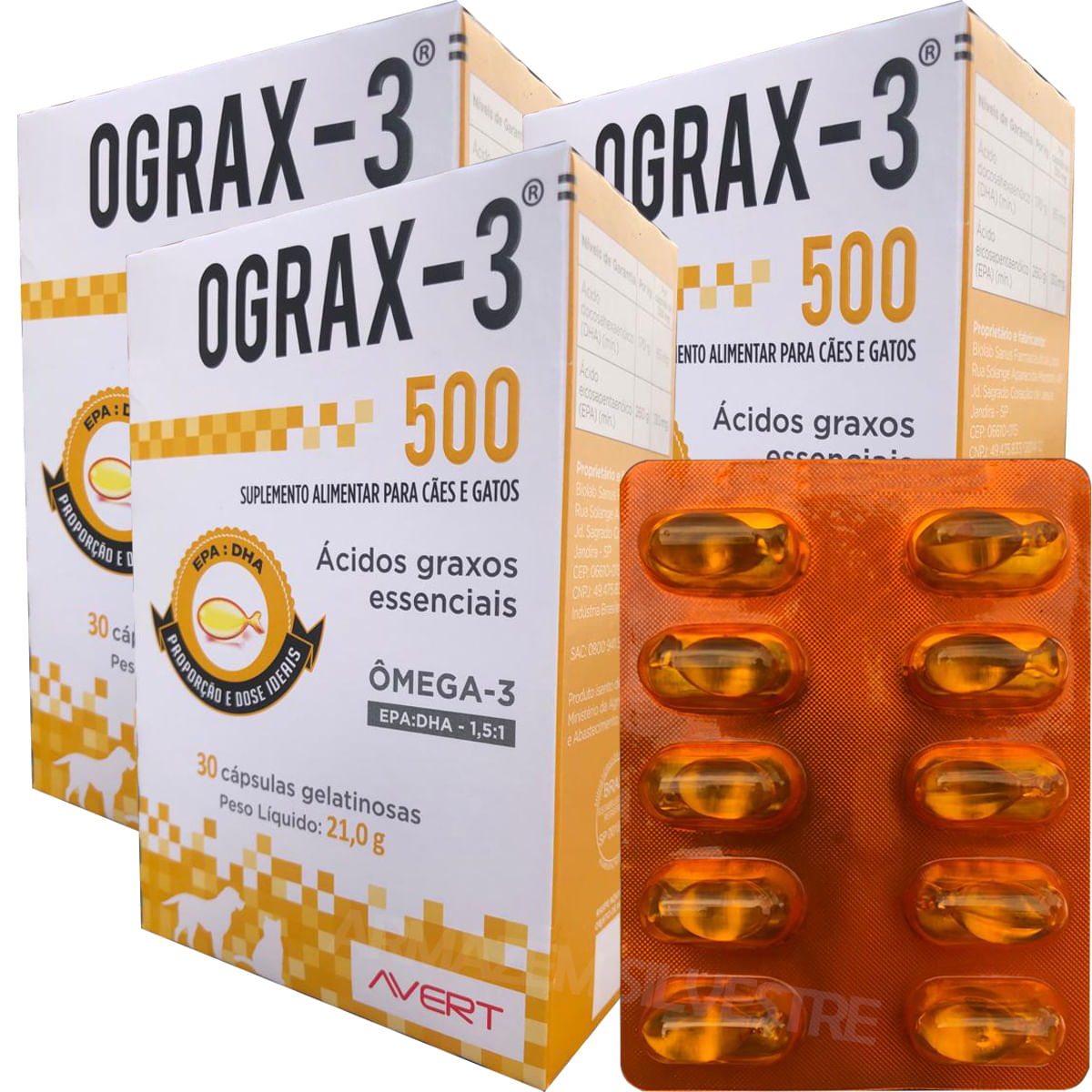 Suplemento Alimentar Ograx-3 500 Mg 90 Capsulas Omega 3 Epa Dha Caes Gatos Avert