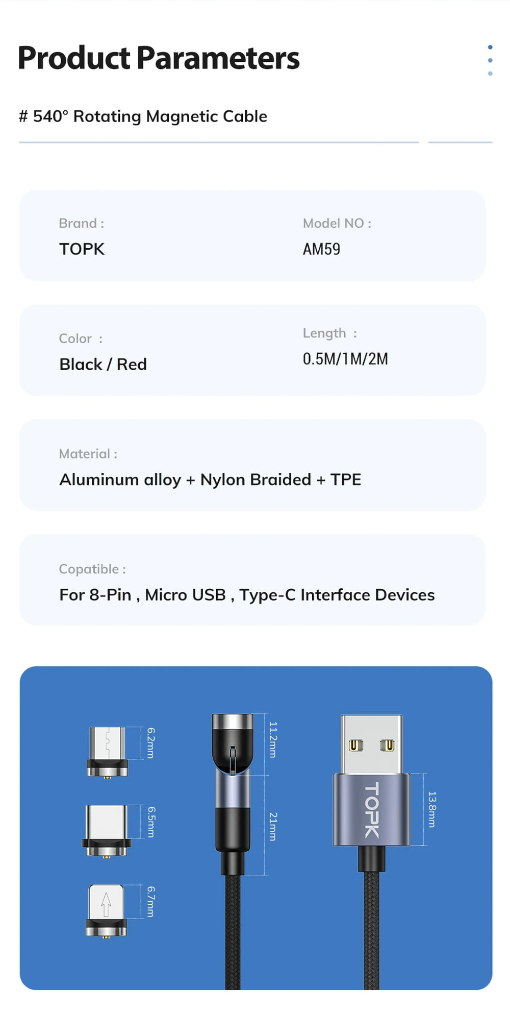 Cabo Pra Carregar Micro Usb Tipo C Topk Am59 Preto 1m