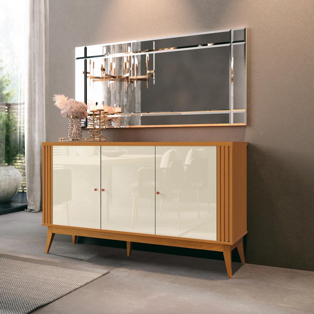 Buffet Aparador Ripado Com 3 Portas Pés Em Madeira Maciça Royce 140cm Cor:cedro/offwhite