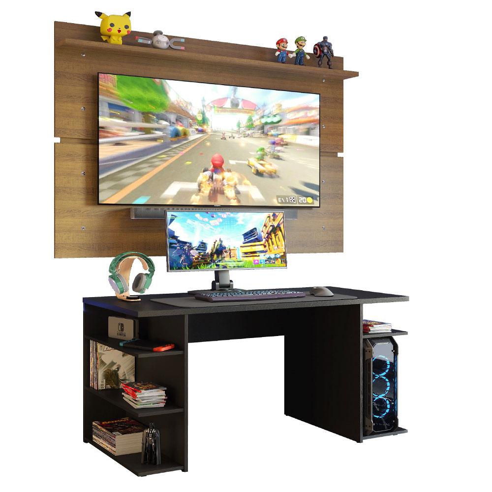 Mesa Gamer Madesa 9409 e Painel para TV até 65 Polegadas - Preto/Rustic