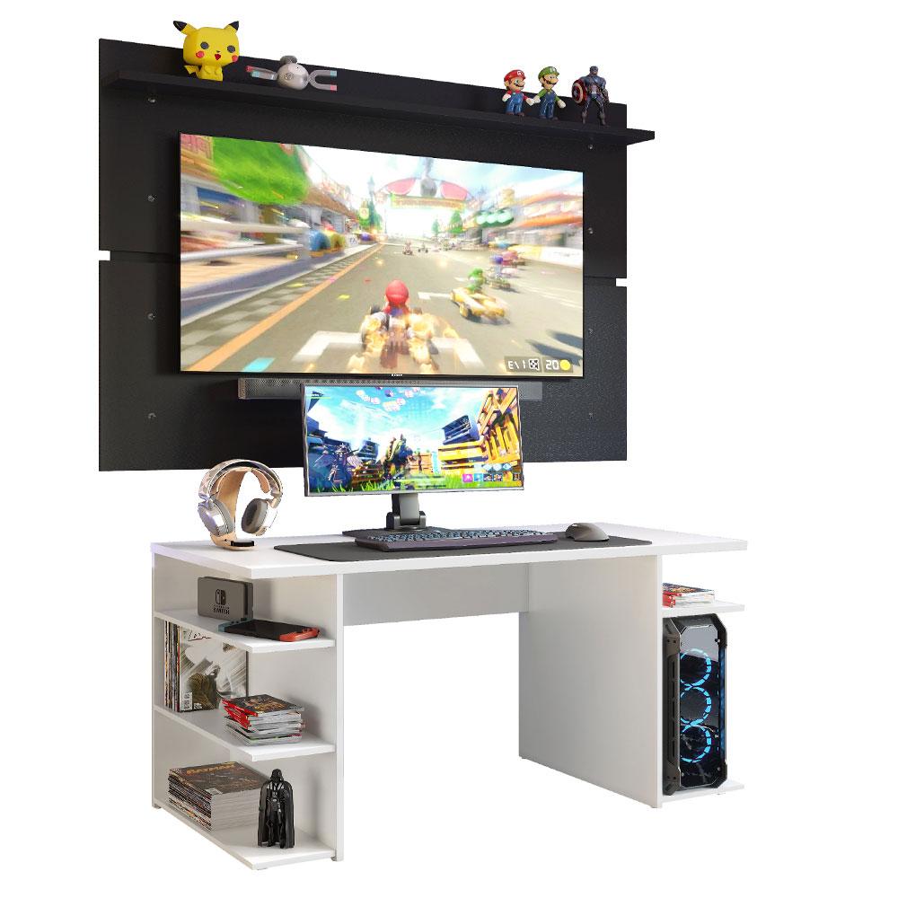 Mesa Gamer Madesa 9409 e Painel para TV até 65 Polegadas - Branco/Preto