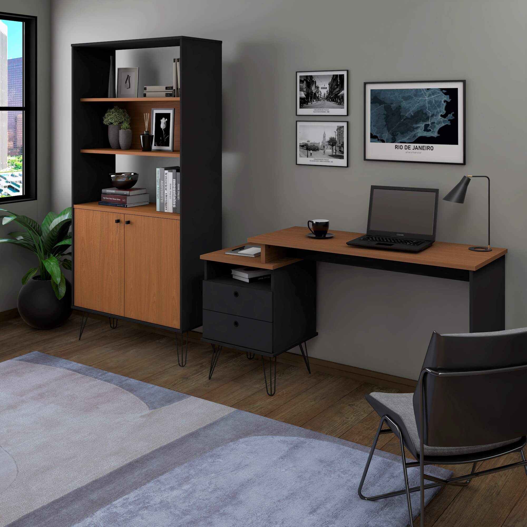 Conjunto Artany - Escrivaninha Plus E Estante Hit Cor Freijó Com Preto