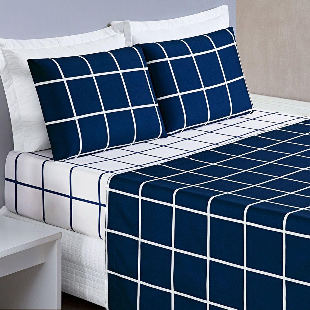 Jogo De Cama Lençol Minimalista Casal Queen 04 Peças Micropercal 200 Fios Premium Azul Marinho