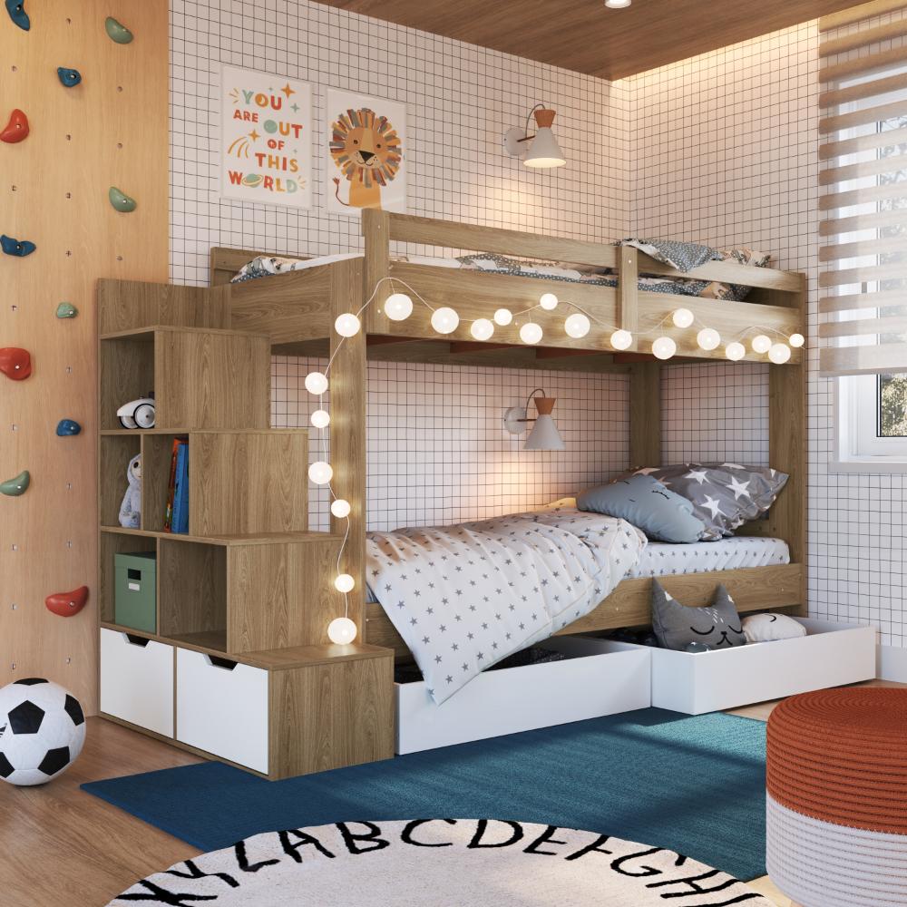 Cama Beliche Infantil Com Escada E Nichos Com 2 Gavetões Marrom Branco