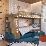 Cama Beliche Infantil Com Escada E Nichos Com 2 Gavetões Marrom Azul