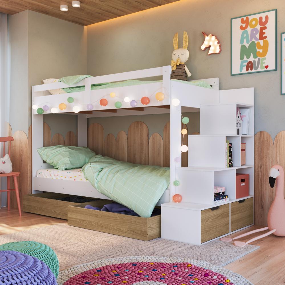 Cama Beliche Infantil Com Escada E Nichos Com 2 Gavetões Branco Marrom