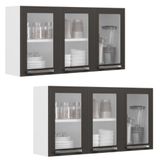 Conjunto 2 Armários De Cozinha Aéreos Itatiaia Aço 3 Portas Com Vidro Florença Grafite/branco