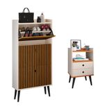 Kit Quarto Sapateira Vertical 3 Gavetas Basculantes Dark Off White/ripado E Mesinha Lateral Pequena Nicho Organizador Dream Off White/cinamomo  Rpm
