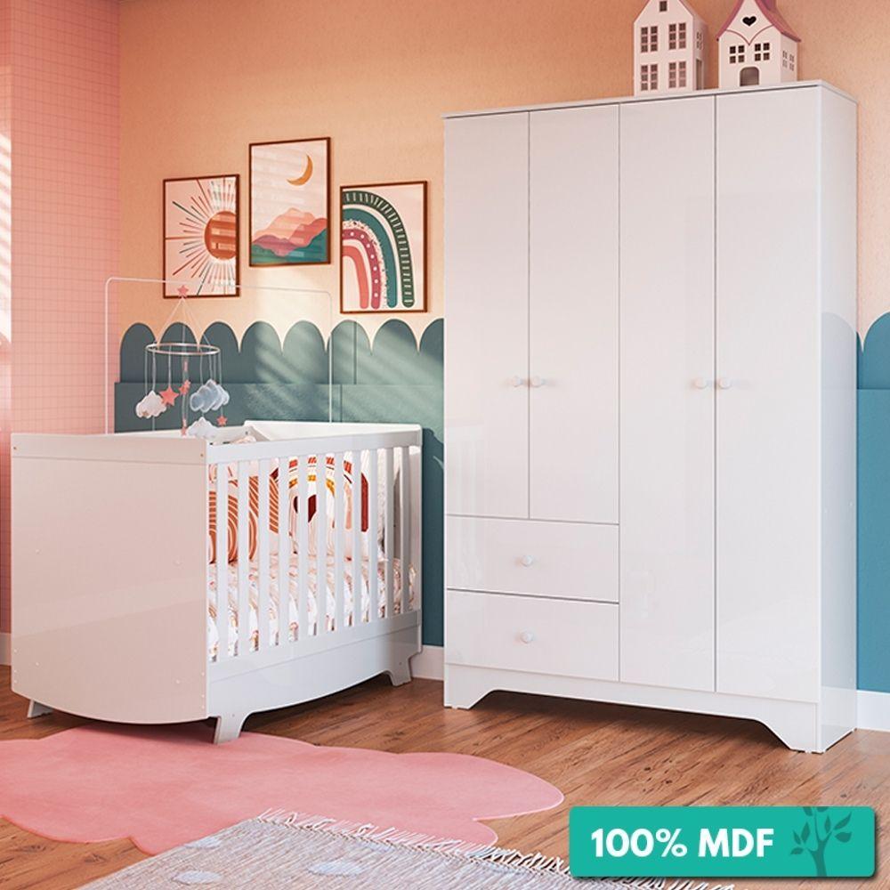 Quarto De Bebê Guarda-roupa 4 Portas Ben E Berço Americano Nick Móveis Peroba Branco Brilho