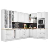 Cozinha Completa De Canto Americana 10 Peças Branco Com Cristaleira E Tampo Nature - Móveis Henn