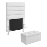 Cabeceira Atlas E Calçadeira Baú Ursa 90 Para Cama De Solteiro A-013 Couro Branco Aradecor