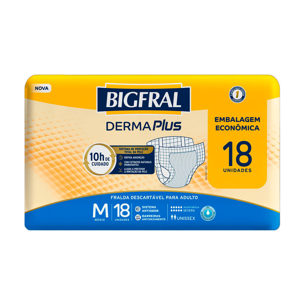 Fralda Geriátrica Bigfral Derma Plus Tamanho M Com 18 Unidades