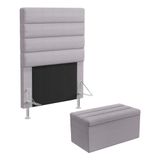 Cabeceira Atlas E Calçadeira Baú Ursa 90 Para Cama De Solteiro N-023 Veludo Cinza Claro Aradecor