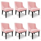 Kit 6 Cadeiras Estofadas Para Sala De Jantar Base Fixa De Madeira Preto Lia Suede Rosa Bebê - Ibiza