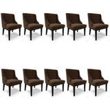 Kit 10 Cadeiras Estofadas Para Sala De Jantar Base Fixa De Madeira Preto Lia Suede Marrom - Ibiza