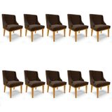 Kit 10 Cadeiras Estofadas Para Sala De Jantar Base Fixa De Madeira Castanho Lia Suede Marrom - Ibiza