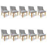 Kit 10 Cadeiras Estofadas Para Sala De Jantar Base Fixa De Madeira Castanho Lia Suede Cinza - Ibiza