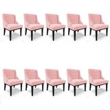 Kit 10 Cadeiras Estofadas Para Sala De Jantar Base Fixa De Madeira Preto Lia Suede Rosa Bebê - Ibiza