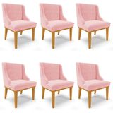 Kit 6 Cadeiras Estofadas Para Sala De Jantar Base Fixa De Madeira Castanho Lia Suede Rosa Bebê - Ibiza